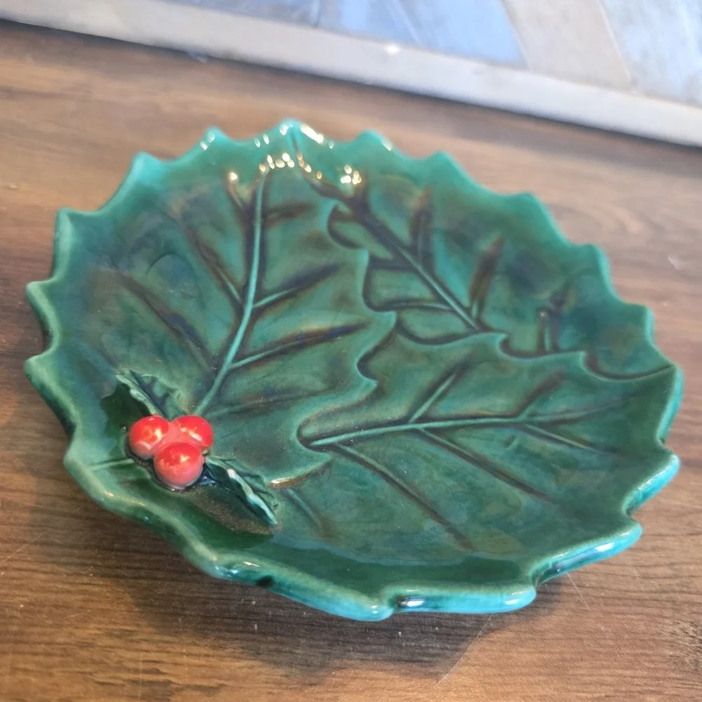 Vintage Lefton Green Holly Berry Compote Candy Dish Plate Serving Christmas 6